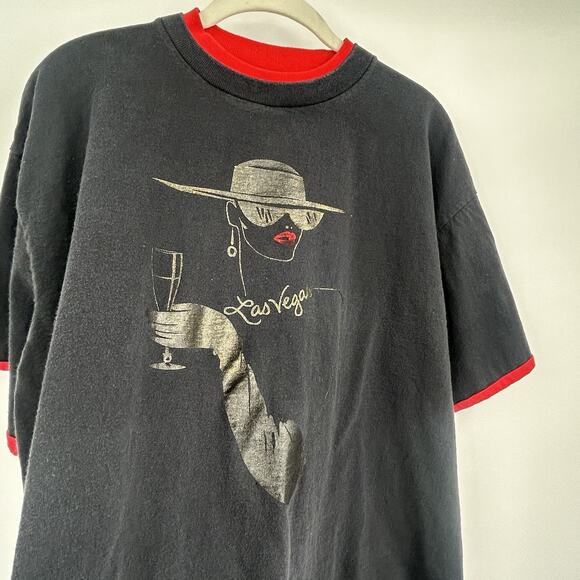 Vintage Las Vegas T-Shirt Sz XL Black Red Trim Single Stitch Paris Lady Made USA - Picture 9 of 14